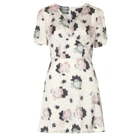 Topshop Floral Polka Dot Tea Dress Puff Ruched Sleeves V-Neck Slip Corset Summer - Picture 2 of 9